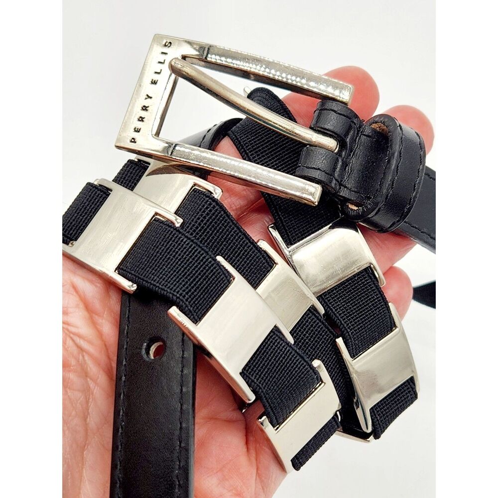 Vintage Perry Ellis Black Leather Stretch Sliver Slider Belt 34-43" EVC READ